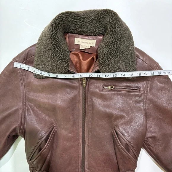 Colebrook & Co Vintage Women's Brown Leather Bomber Jacket Shearling Collar - Picture 4 of 14